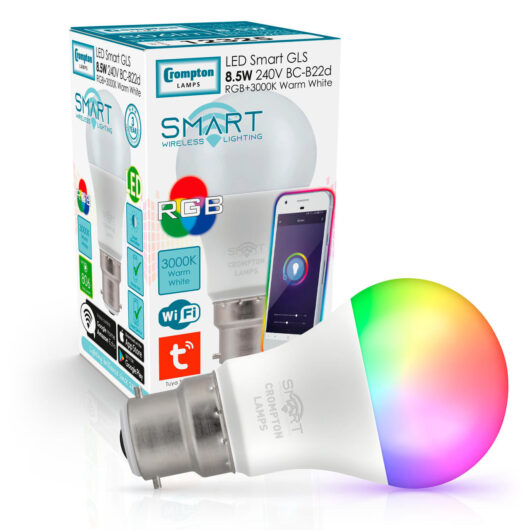 Crompton LED Smart WiFi GLS Light Bulb B22 8.5W Dim Warm White + RGB 3000K Bayonet Coloured Opal