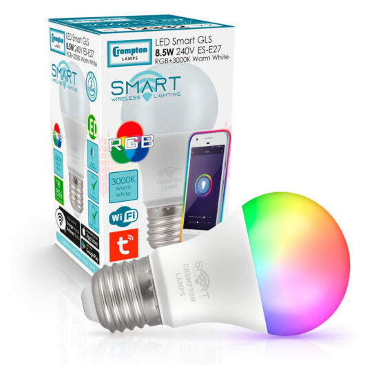 Crompton LED Smart WiFi GLS Light Bulb E27 8.5W Dimmable Warm White + RGB 3000K Screw Coloured Opal