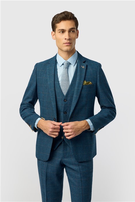 Marc Darcy Slim Fit Dion Blue Tweed Herringbone Check Men's Suit Jacket