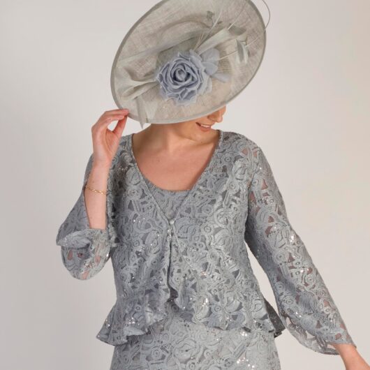 Pale Blue Saucer Hatinator with Rose Flower, Sinamay Loops, Feathers & Quills