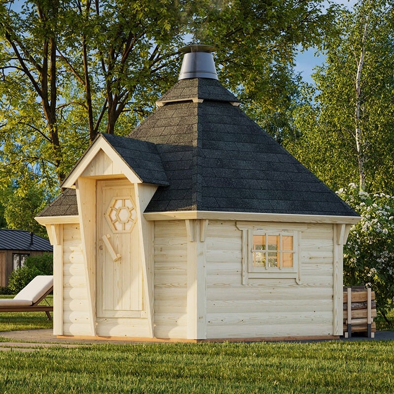 Palmako Eva 3.3m x 3.3m Corner Log Cabin BBQ Hut - Barbecue Hut (44mm)