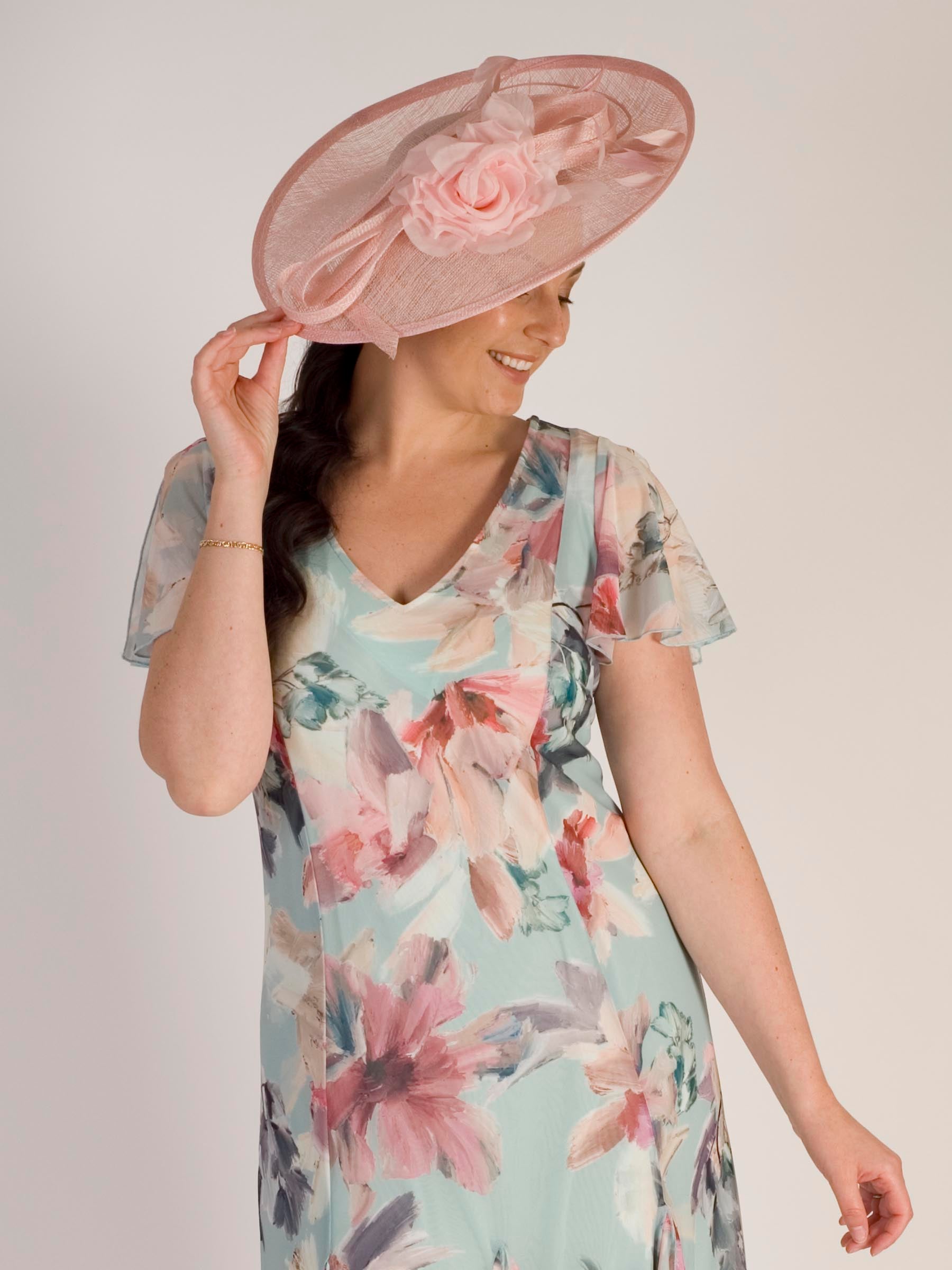 Pink Saucer Hatinator with Rose Flower, Sinamay Loops, Feathers & Quills