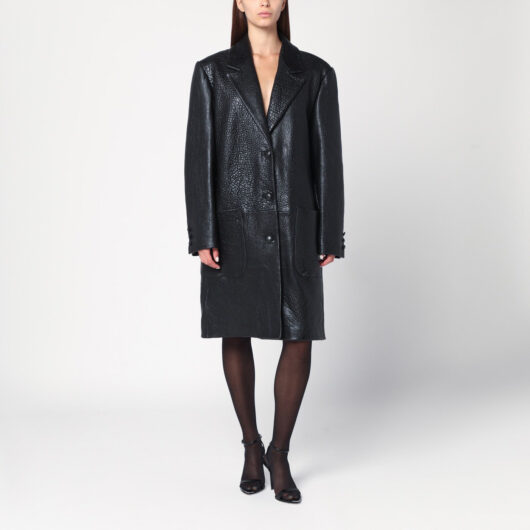 Single-breasted black leather coat