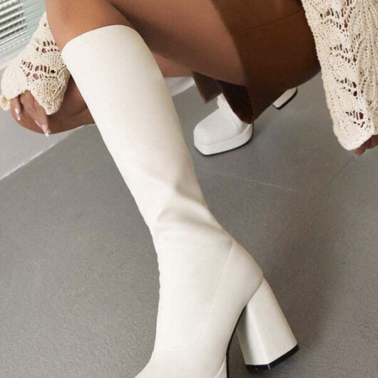 White Knee High Boots Women PU Leather Chunky Heel Knee Length Boots