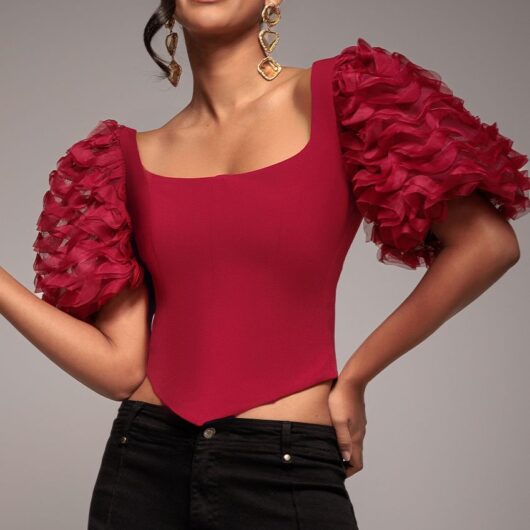 3D Textured Sleeve Scuba Corset Top - Burgundy by Goddiva