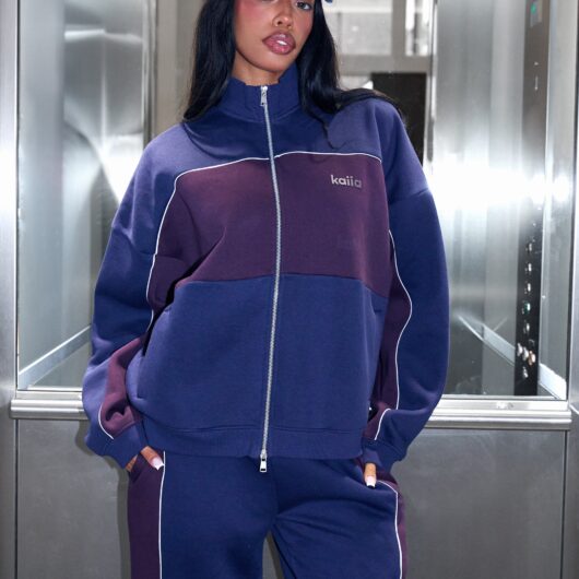 Kaiia Contrast Oversized Zip Through Sweatshirt Navy & Burgundy