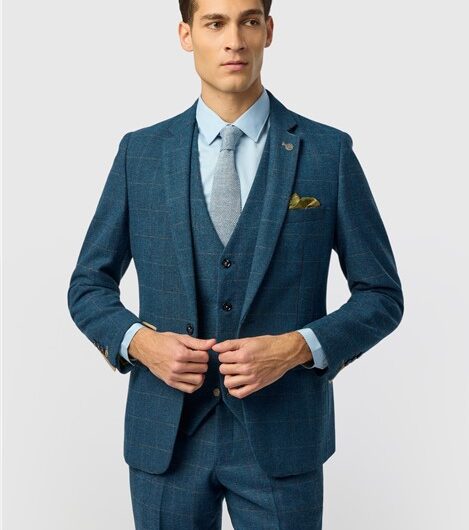 Marc Darcy Slim Fit Dion Blue Tweed Herringbone Check Men's Suit Jacket