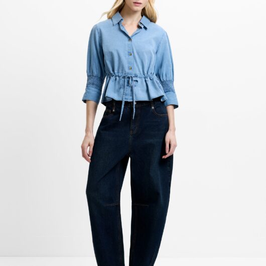 Zaves Chambray Denim Drawstring Top Light Wash Blue