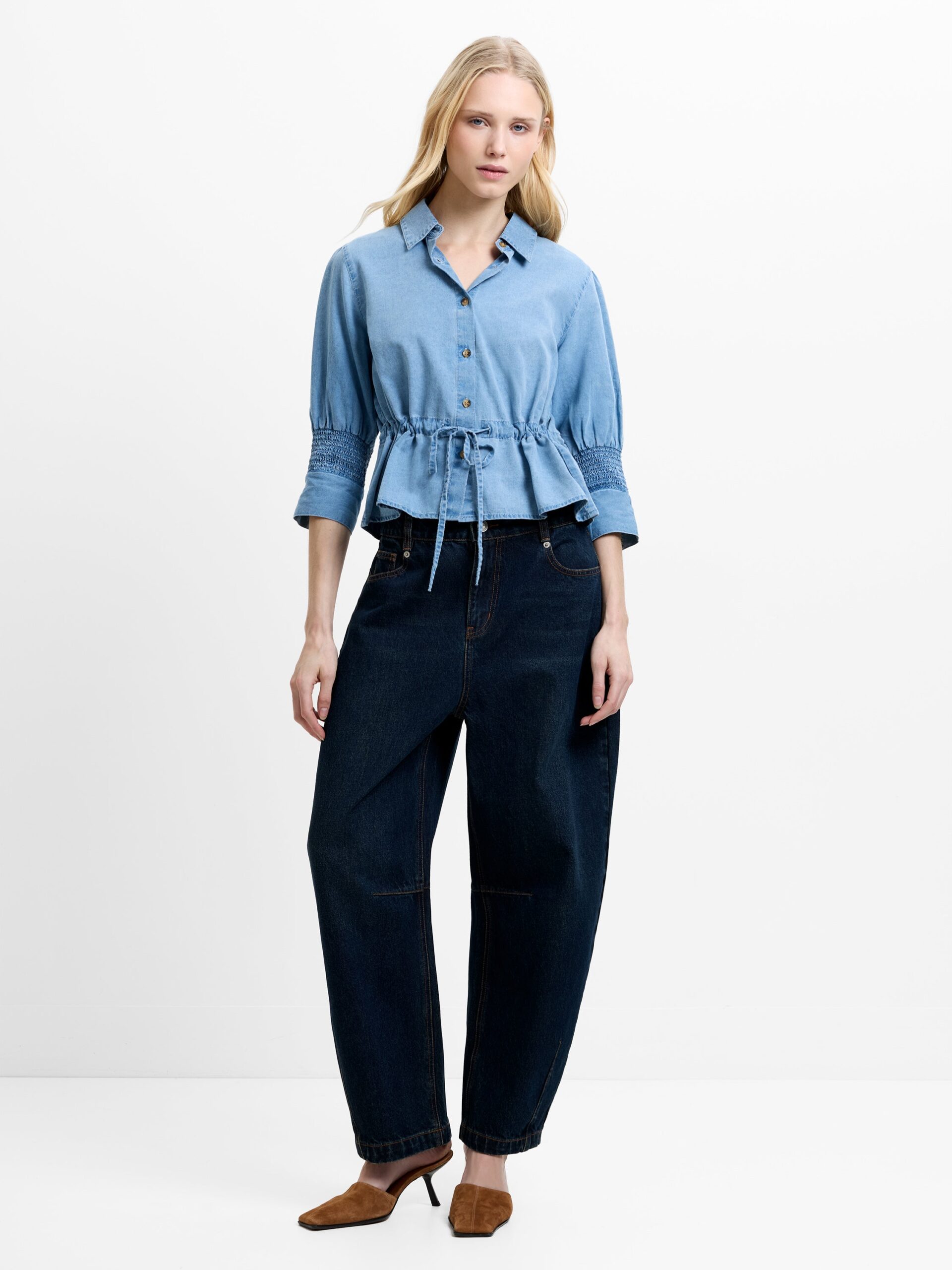 Zaves Chambray Denim Drawstring Top Light Wash Blue