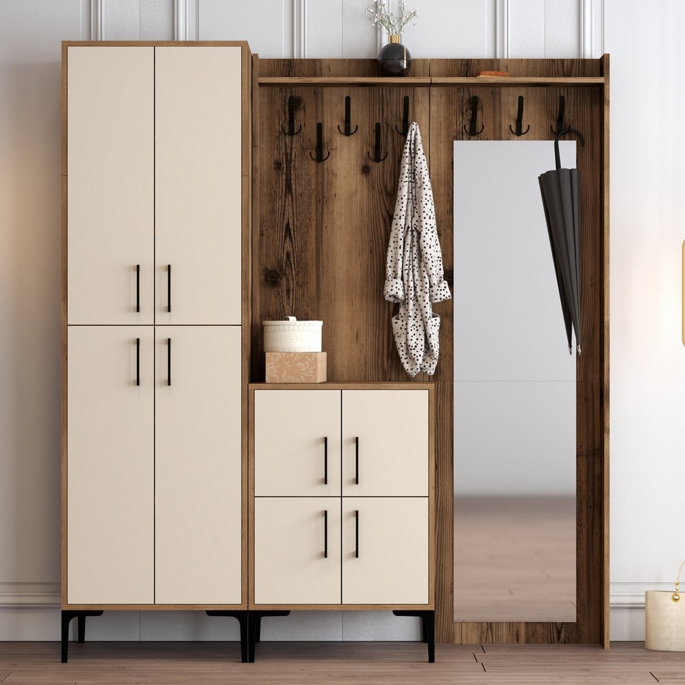 Bergen Wooden Hallway Furniture with Mirror in Walnut and Cream