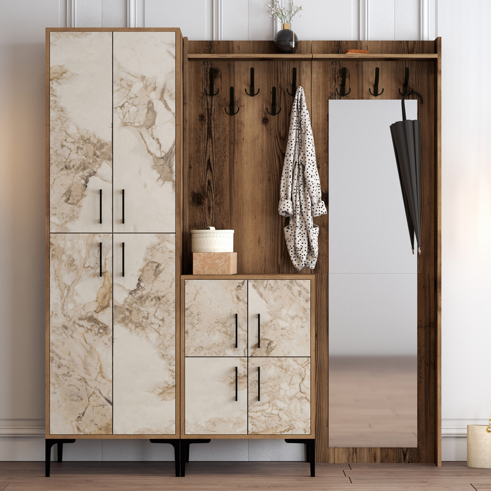 Bergen Wooden Hallway Furniture with Mirror in Walnut and Off White