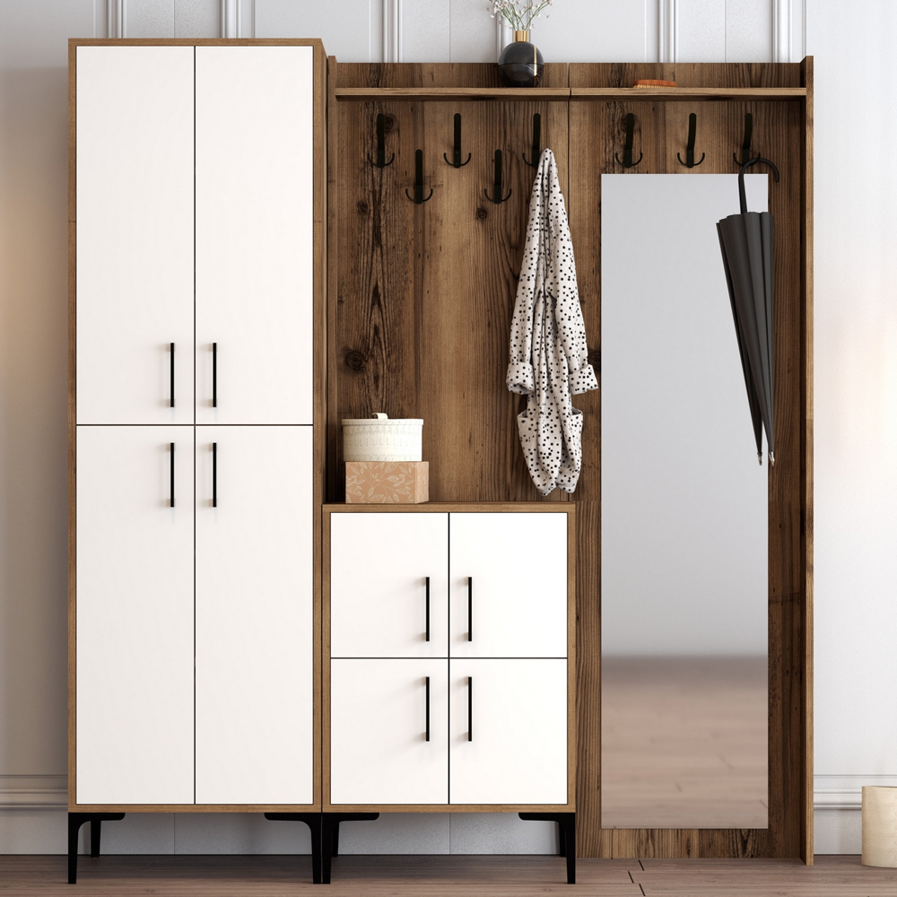 Bergen Wooden Hallway Furniture with Mirror in Walnut and White