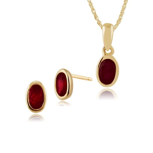 Classic Oval Ruby Single Stone Bezel Stud Earrings & Pendant Set in 9ct Yellow Gold