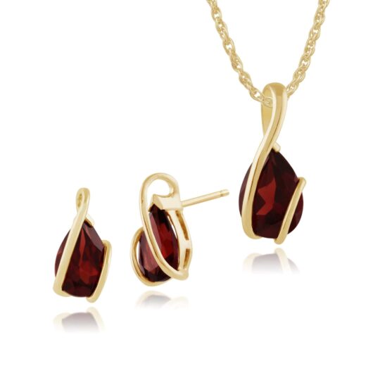 Classic Pear Garnet Wrap over Stud Earrings & Pendant Set in 9ct Yellow Gold