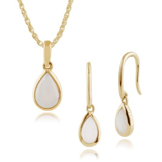 Classic Pear Opal Single Stone Bezel Drop Earrings & Pendant Set in 9ct Yellow Gold