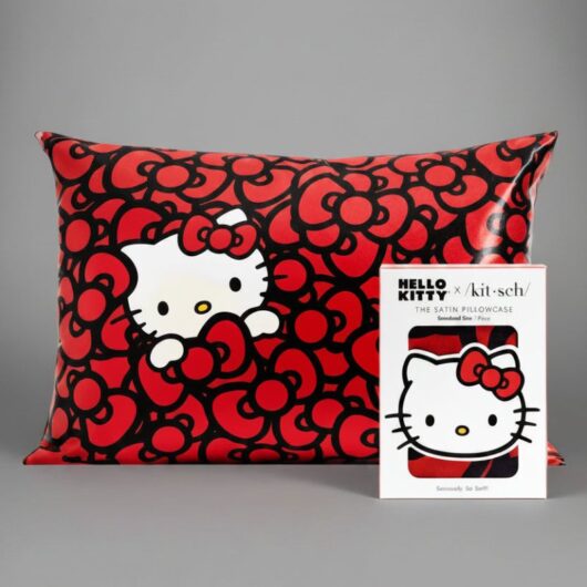 Hello Kitty x Kitsch Satin Pillowcase - Hello Kitty Bathes in a Sea of Bows Colour: Red